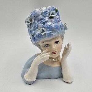 Vintage Relpo A-1373S Ceramic Lady Head Vase MCM Japan Blue Htf 4.25"